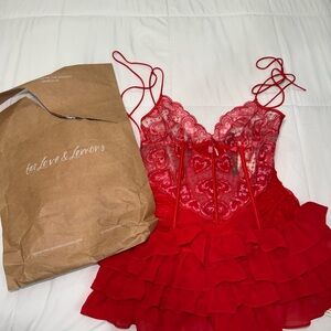 NWT For Love & Lemons Heartbeat Lace Slip Dress Red